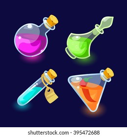 Vector illustration. Set of Cartoon Bottles of potion.Glass flasks with colorful liquids isolated on a dark background.icon game magic. Game icon of magic elixir.Vector design for app user interface