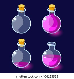 Vector illustration. Set of Cartoon Bottles of potion.Glass flasks with colorful liquids isolated on a dark background. Game icon of magic elixir.Vector design for app user interface.For animation