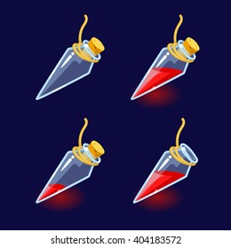 Vector illustration. Set of Cartoon Bottles of potion.Glass flasks with colorful liquids isolated on a dark background. Game icon of magic elixir.Vector design for app user interface.For animation