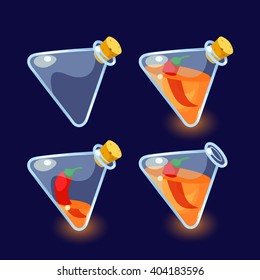 Vector illustration. Set of Cartoon Bottles of potion.Glass flasks with colorful liquids isolated on a dark background. Game icon of magic elixir.Vector design for app user interface.For animation