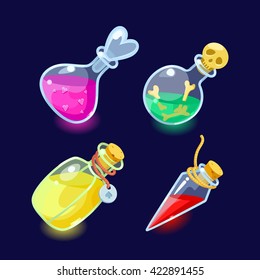 Vector illustration. Set of Cartoon Bottles of potion.Glass flasks with colorful liquids isolated on a dark background.icon game magic. Game icon of magic elixir.Vector design for app user interface