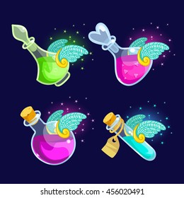 Vector illustration. Set of Cartoon Bottles of potion with wings.Glass flasks with colorful liquids isolated on a dark background.icon game magic. Games icon elixir.Design for app user interface
