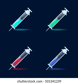 Vector illustration. Set of Cartoon Bottles of potion.Glass flasks with colorful liquids isolated on a dark background.icon game magic. Game icon of magic elixir.Vector design for app user interface.