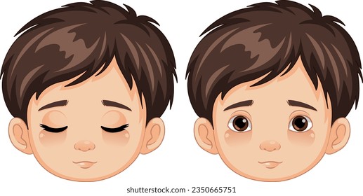 A vector illustration of a set of cartoon boys with both open and closed eyes