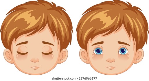 Ilustración vectorial de un grupo de niños de dibujos animados con los ojos abiertos y cerrados