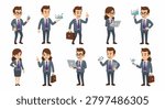 Vector illustration set of cartoon business professionals, male and female product managers in formal suits with laptops, briefcases, and financial data charts on white background.