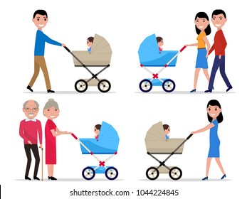 Vector illustration set of cartoon characters parents with a stroller and a child. Isolated white background. Happy family walks with baby. Woman and a man with a toddler in a stroller. Flat style.