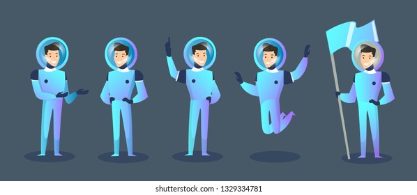 Vector illustration set of cartoon characters spaceman in different positions, moving cosmonaut in spacesuit and helmet isolated on dark blue background. Happy cosmonaut. Elements for futuristic