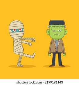 Vector illustration of a set of cartoon characters,funny mummy and frankenstein bored with halloween night theme on yellow background