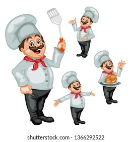 Vector Illustration Set of a Cartoon Cheerful Chef. Cook Welcoming People, Showing Ok Sign and Holding a Tray with Roast Chicken, Holding Spatula