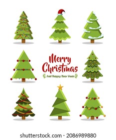 Vector Illustration set of cartoon Christmas trees, pines for greeting card, web. New Years and xmas traditional symbol tree with garlands, light star. Winter holiday. Icons collection.