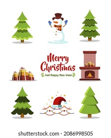 Vector Illustration set of cartoon Christmas trees, pines for greeting card, invitation, web. New Years and xmas traditional symbol tree , light bulb, star. Winter holiday. Icons collection.