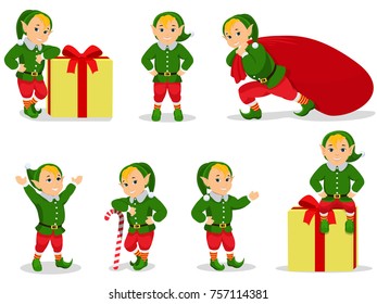 Vector illustration set of cartoon Christmas elves. Isolated white background. Elf with red bag, gift box and candy. Flat style.