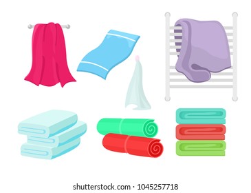 Vector illustration set of cartoon colorful towels. Collection of cloth towel for bath, hygiene.