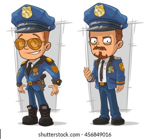 A vector illustration of set of cartoon cops in blue uniform