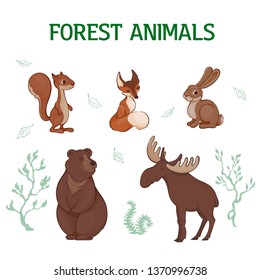 Vector illustration, set of a cartoon cute forest animals. Squirrel, fox, hare, bear, elk.