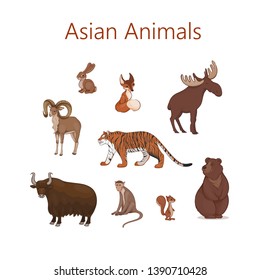 Vector illustration, set of cartoon cute Asian animals. Hare, fox, squirrel, elk bear urial tiger yak macaque