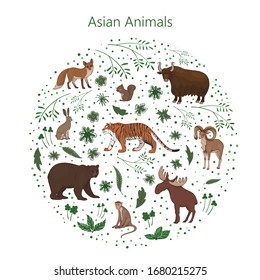 Vector illustration, set of cartoon cute Asian animals with leaves flowers and spots in a circle. Hare, fox, squirrel, elk bear urial tiger yak macaque