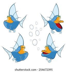 Vector illustration of a set of cartoon cute deep-water fish