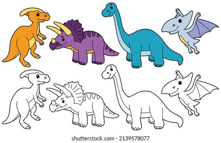 vector illustration set of cartoon dinosaurs and variants for coloring book