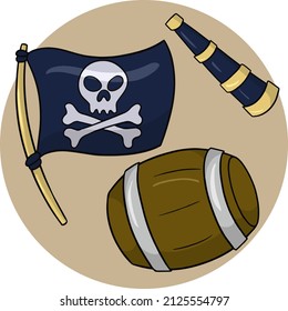 Vector illustration. A set of cartoon drawings, a pirate set for children's games, a pirate flag, a telescope, a wooden barrel