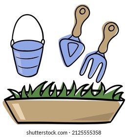 Vector illustration. A set of cartoon drawings on the theme of the garden and vegetable garden, illustrations for decorating packages and labels