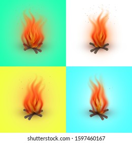 Vector illustration. Set of cartoon fire flames. Bright burning flames on the bright background. Flat fireplace.