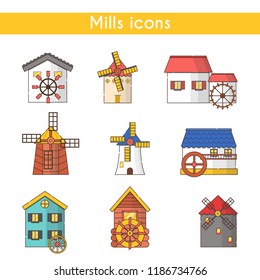 Vector illustration with set of cartoon flat windmills and watermills of different types isolated on white background. Agricultural buildings with rotating sails