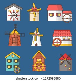 Vector illustration with set of cartoon flat windmills and watermills of different types isolated on white background. Agricultural buildings with rotating sails