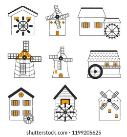 Vector illustration with set of cartoon flat windmills and watermills of different types isolated on white background. Agricultural buildings with rotating sails