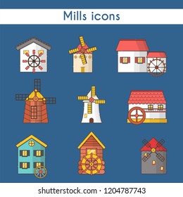 Vector illustration with set of cartoon flat windmills and watermills of different types isolated on white background. Agricultural buildings with rotating sails