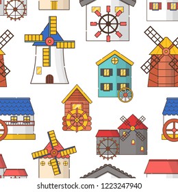 Vector illustration with set of cartoon flat windmills and watermills of different types isolated on white background. Agricultural buildings with rotating sails