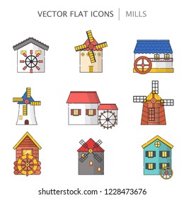 Vector illustration with set of cartoon flat windmills and watermills of different types isolated on white background. Agricultural buildings with rotating sails