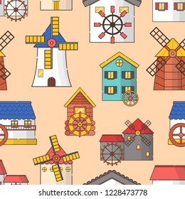 Vector illustration with set of cartoon flat windmills and watermills of different types isolated on white background. Agricultural buildings with rotating sails