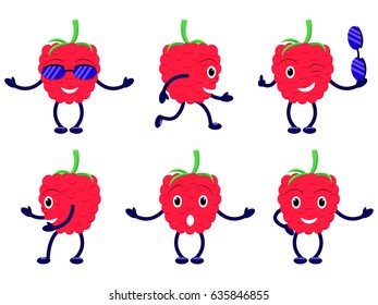 Vector illustration set cartoon funny raspberry. Isolated white background. Flat style. Group of icons of red laughing raspberries.