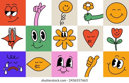 Vector illustration set of cartoon geometric shapes characters ?n retro style. Groovy stickers with different emotions for social media. Seamless background