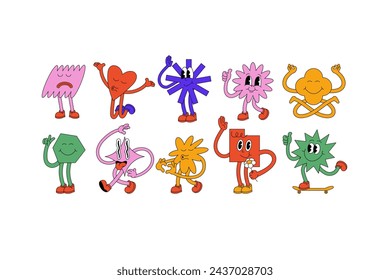 Vector illustration set of cartoon geometric shapes characters ?n retro style. Groovy stickers with different emotions for social media