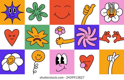 Vector illustration set of cartoon geometric shapes characters ?n retro style. Groovy stickers with different emotions for social media. Seamless background