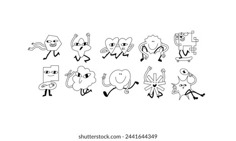 Vector illustration set of cartoon geometric shapes characters ?n retro style. Groovy stickers with different emotions for social media