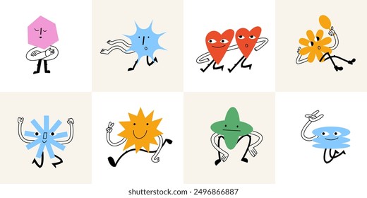 Vector illustration set of cartoon geometric shapes characters. Groovy stickers with different emotions for social media