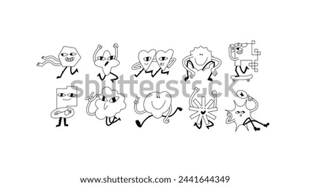 Vector illustration set of cartoon geometric shapes characters ?n retro style. Groovy stickers with different emotions for social media