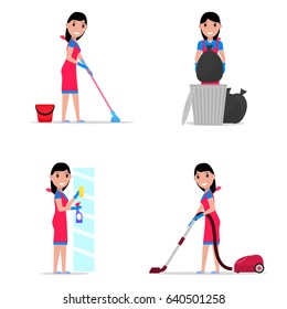 Vector illustration of a set cartoon girl cleaning. Isolated white background. Flat style. Concept of a business cleaning service. Woman cleaner, maid.