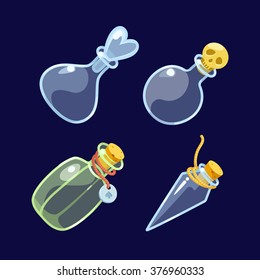 Vector illustration. Set of Cartoon Glass Bottles of potion.Isolated on a dark background.icon game magic. Game icon of magic elixir.Vector design for app user interface.Empty jar,bottle with stopper.