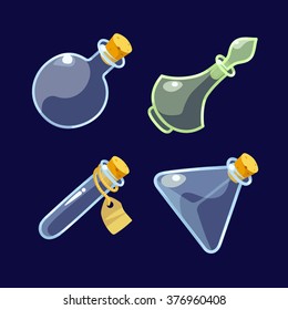 Vector illustration. Set of Cartoon Glass Bottles of potion.Isolated on a dark background.icon game magic. Game icon of magic elixir.Vector design for app user interface.Empty jar,bottle with stopper.