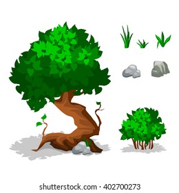 Vector illustration. Set of cartoon green plants. Trees, bushes, grass and stone