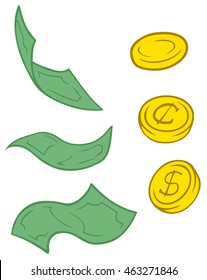 A vector illustration set of cartoon greenback and coins