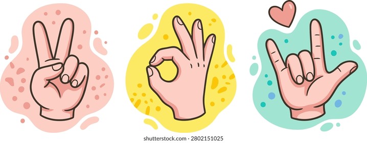 Vector illustration set of cartoon hand gestures including peace sign, okay sign, and I love you sign with colorful abstract shapes on the background.