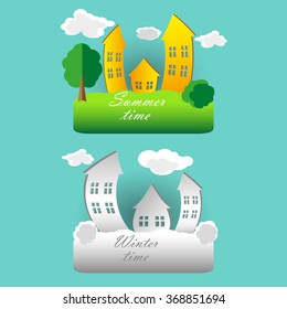 Vector illustration, set of cartoon houses in the summer and winter