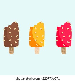 vector illustration of a set of cartoon ice cream collection with chocolate, orange and strawberry flavors