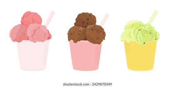 Vector illustration set of cartoon ice cream scoops in paper cups of chocolate, strawberry, and pistachio flavours isolated on white background. 